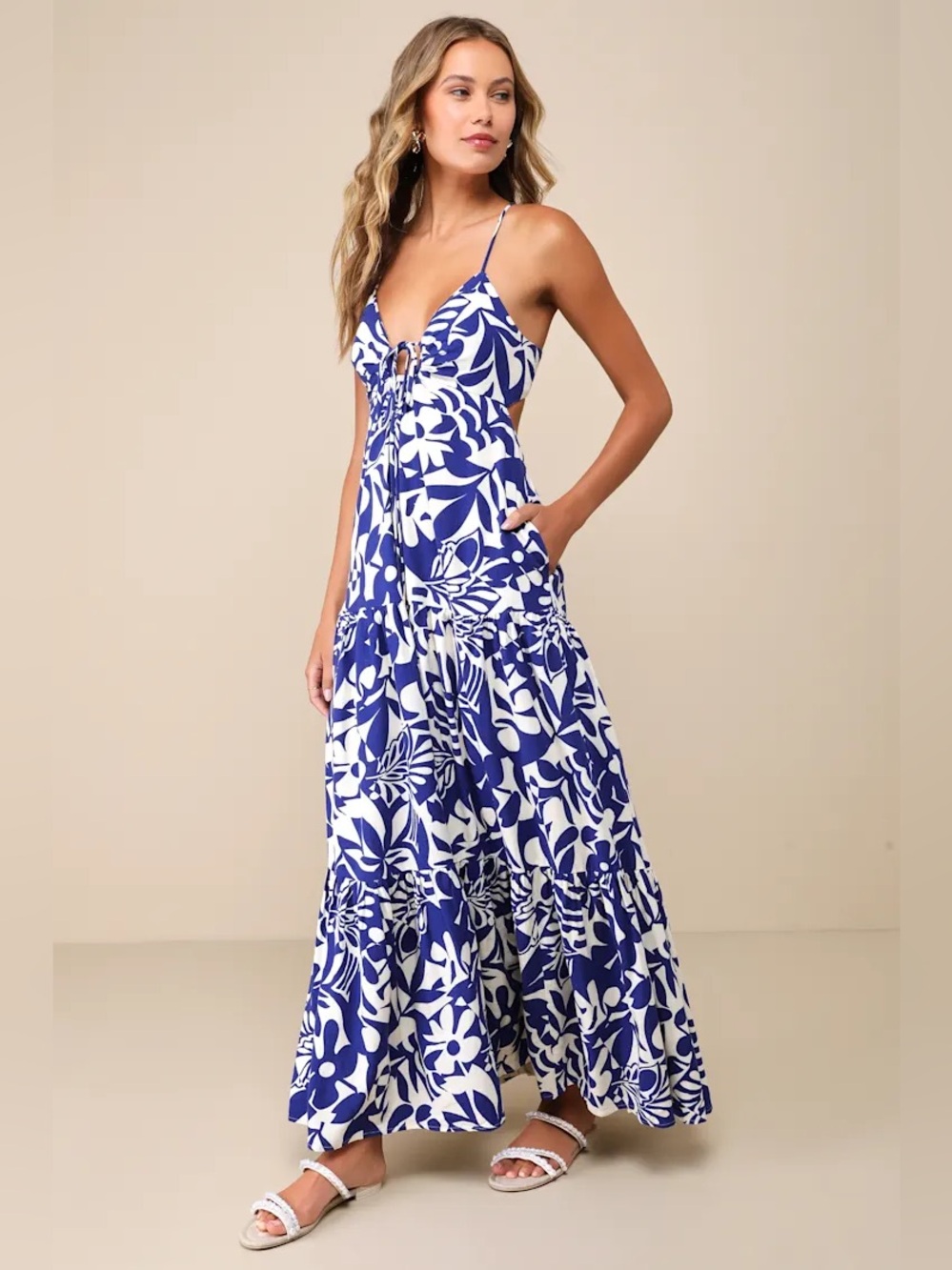 New Lulus Mykonos Memories Blue and Ivory Abstract Maxi Dress With Pockets M
